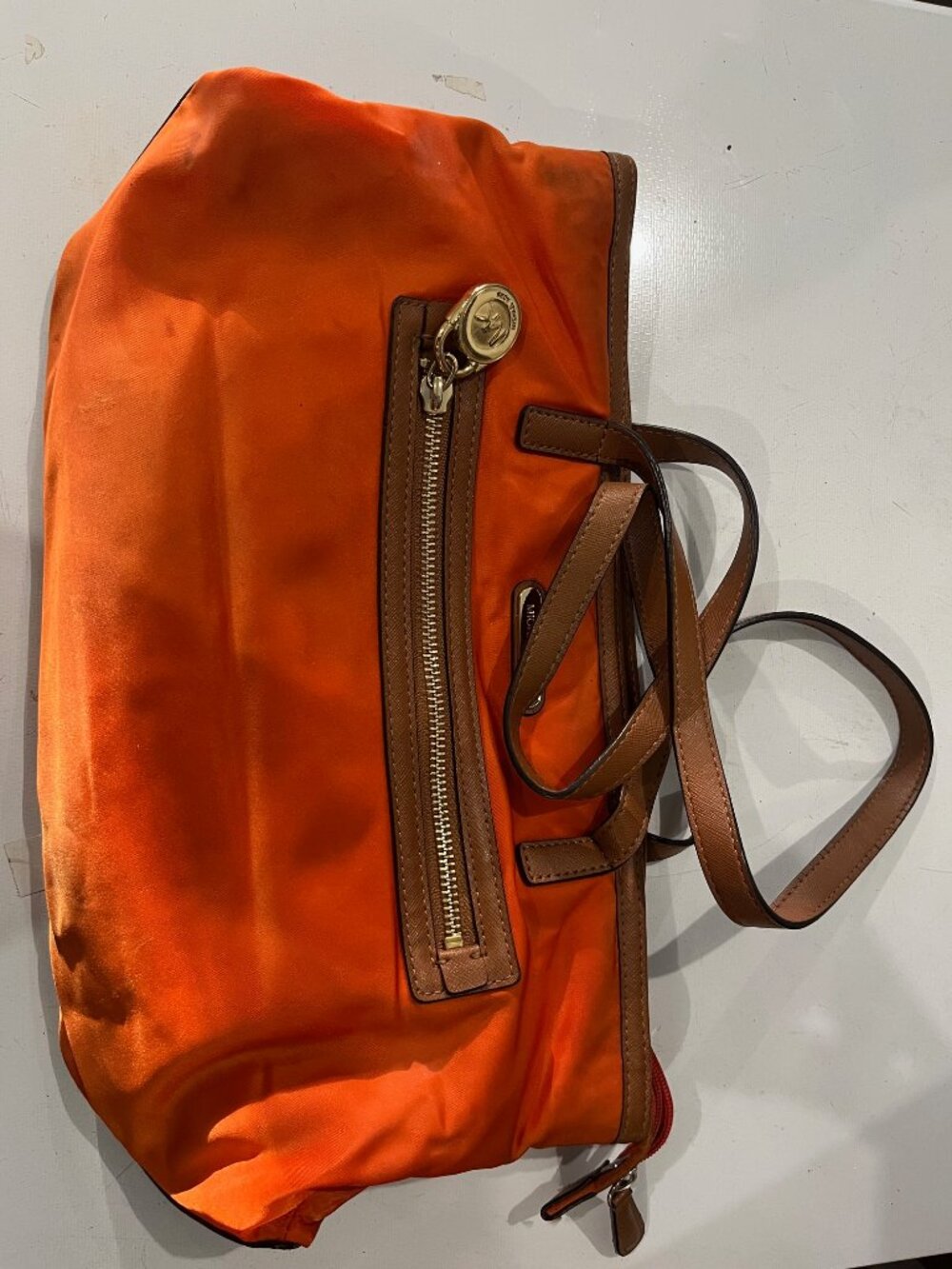 Michael Kors Orange Nylon Brown Saffiano Leather Tote Bag Padlock Charm